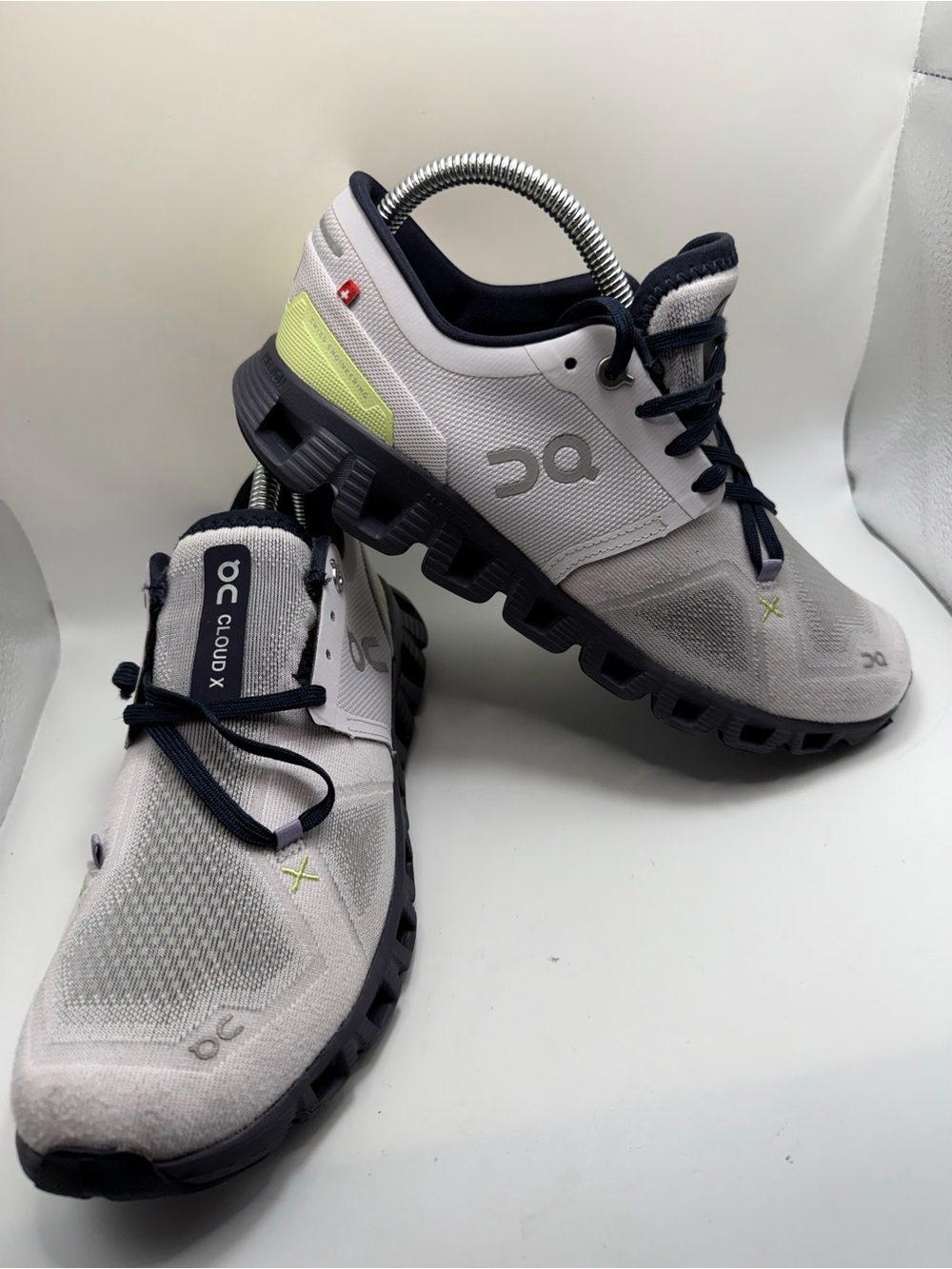 On Running Cloud X Running Shoes - Light Gray with Navy & Yellow Accent